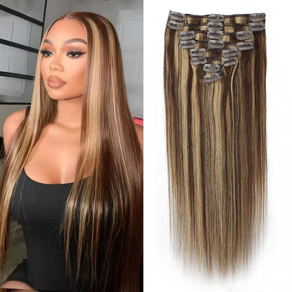 Highlight Straight Clip Ins Human Hair P4/27 100% Cabelo Humano Não Processado Presilhas De Cabelo Mais Grossas Ombre Extensões De Cabelo Virgem 8 Peças