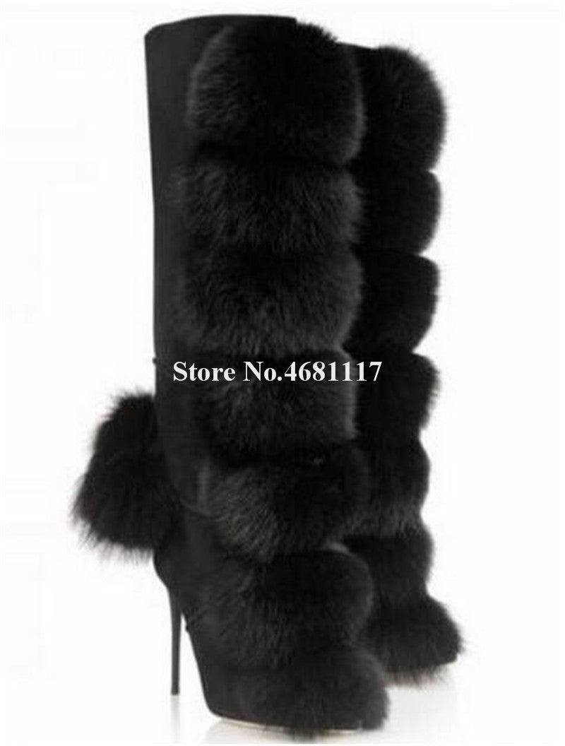 Fluff Knee High Boots Round Toe Black Suede Fur Ball Thin Heel Boots Slip On Lace Up High Heel Boots Winter Women Fashion Boots