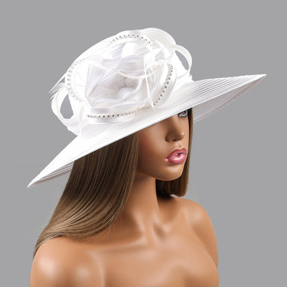 Deluxe New White Church Hat Party Banquet Satin Cloth Photography Hats Premium Chains Formal Hat Flower Top Cap For Women Ladies