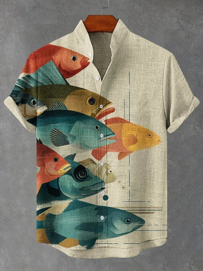 2025 new men's short sleeved shirt, Japanese art printed shirt, summer men's casual cardigan breathable bamboo and linen shirt