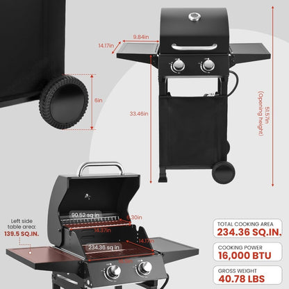 Churrasqueira a Gás de 2 Queimadores com 234 POL.QUAD. Grelhador Exterior com 16.000 BTU, Grelhadores a Propano com Tampa Superior, Grelhadores para Cozinha Exterior