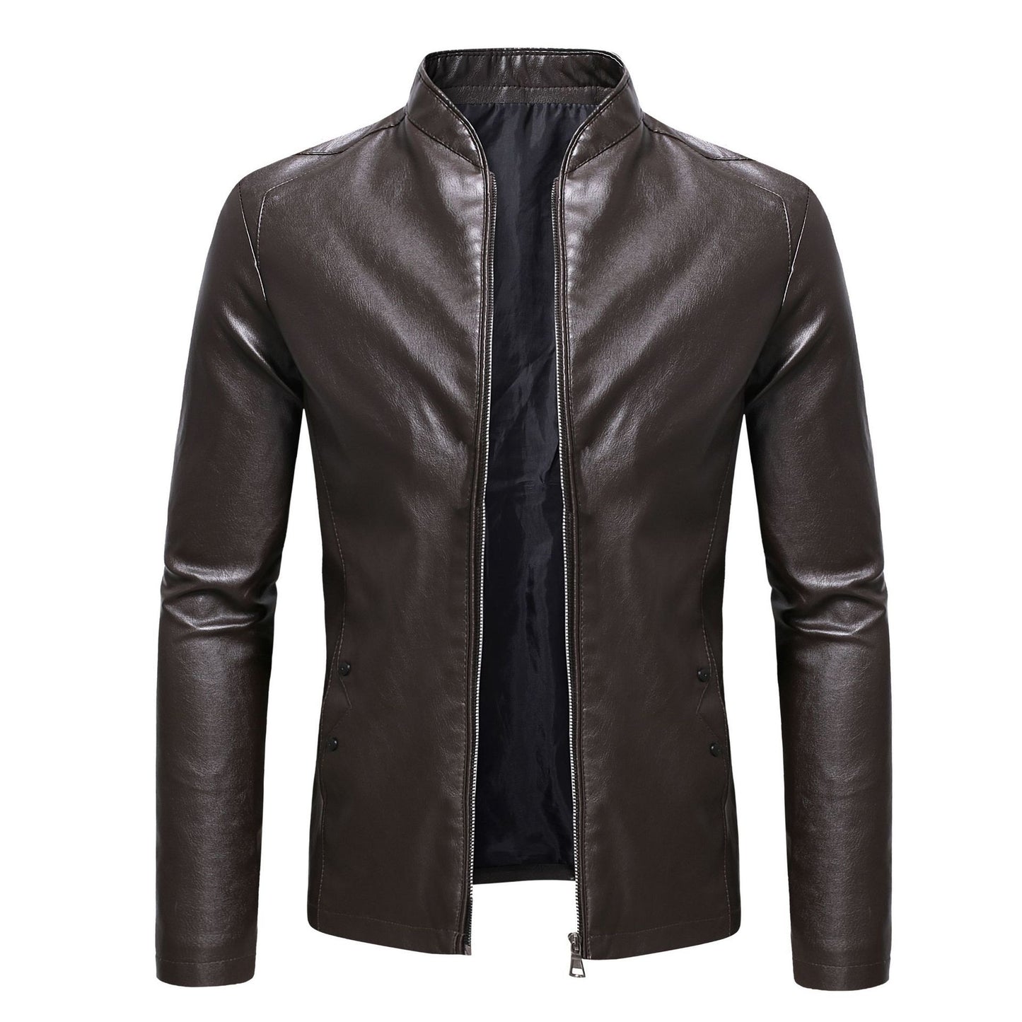 2024 Spring New Men's Business Casual Slim Long-sleeved Pu Leather Jacket Jacket Side Seam Pocket Zipper Solid Color