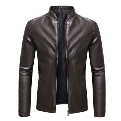 2024 Spring New Men's Business Casual Slim Long-sleeved Pu Leather Jacket Jacket Side Seam Pocket Zipper Solid Color