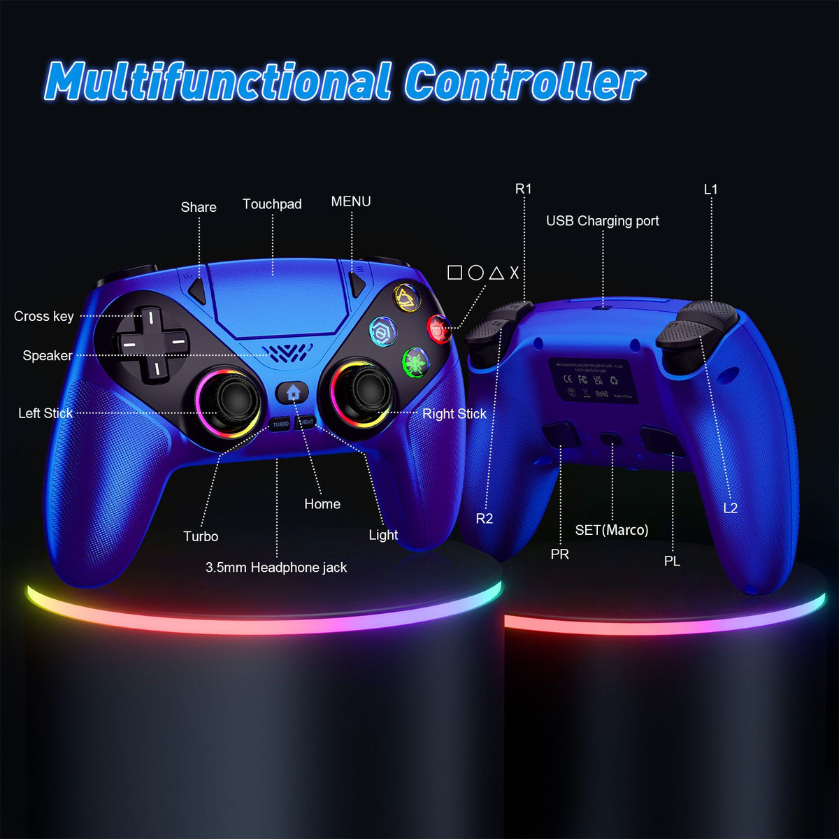 Controller for Playstation 5/PS5/PS5 Pro/Slim/PC,Wireless Gamepads RGB Joystick Turbo/Marco Program Dual Vibrate Game Controle