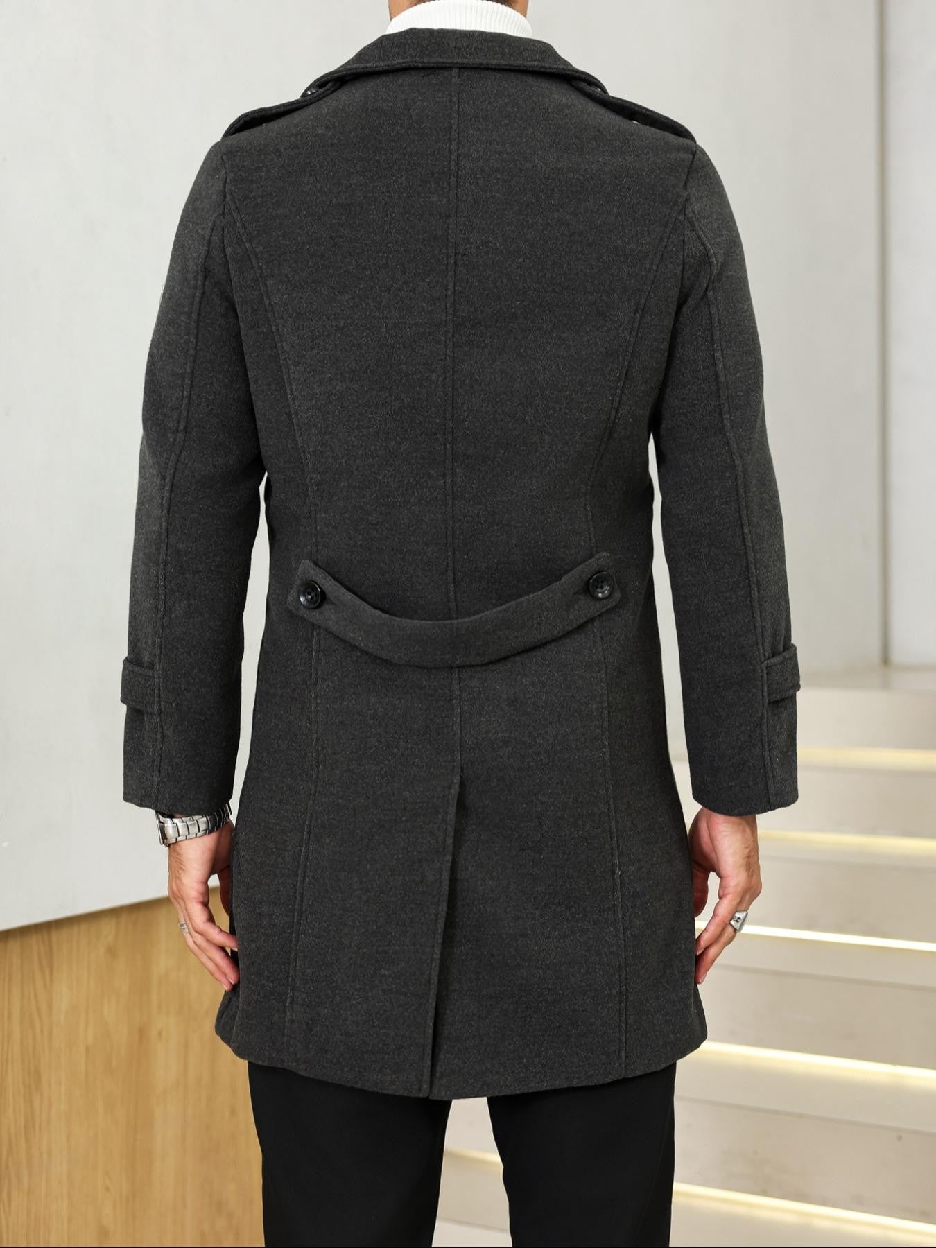 1PCS Men's Woolen Overcoat Jacket, Autumn Winter Casual Long Sleeve Outerwear, Lapel Pocket Design Comfortable Daily Wear