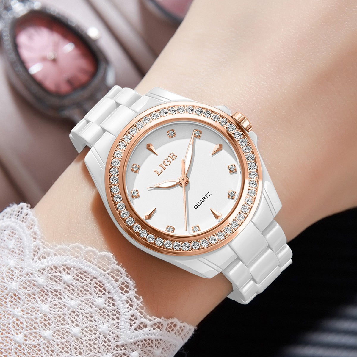 LIGE Fashion Elegant Watch for Women Ceramics Strap Diamond wristwatch Luxury Ladies Bracelet Quartz Watches Gifts Reloj Mujer
