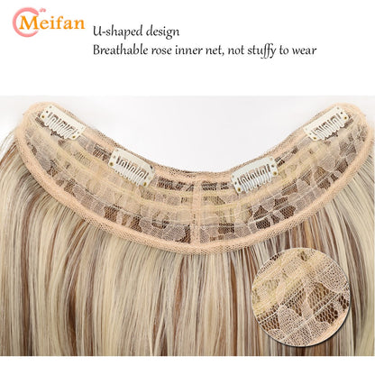 MEIFAN Peruca Sintética Longa e Lisa em U com Meia Cabeça para Mulheres, Clipes Pretos e Castanhos em Extensão de Cabelo, Apliques Naturais e Falsos
