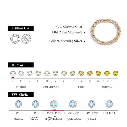 Corrente Cubana Completa de Moissanita ATTAGEMS DVVS1 para Homens e Mulheres, Prata Esterlina 925 Banhada a Ouro 18k, Pulseira de Tênis Hip Hop, Joia Fina