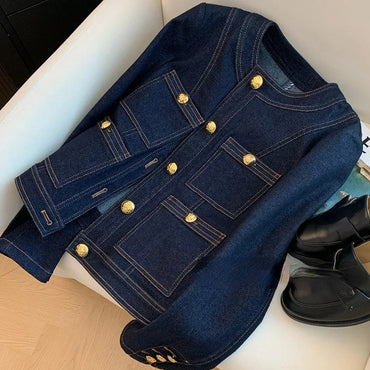 Women's Vintage Denim Jacket Spring Button-Up Korean Fashion Blue Chic Bomber Outwear Top 2025 Style Casual Ropa De Mujer