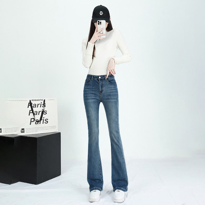 Winter Female Thin Snow Warm Plush Jeans Lady Chic Fleece Flared Pants Girls Korean High Waist Straight Leg Denim Trousers