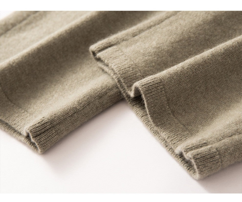 Autumn Winter New 100% Pure Cashmere Women Half Open Front Hoodie Set Knitted Two Piece Pullover Knitwear Wide Leg Pants