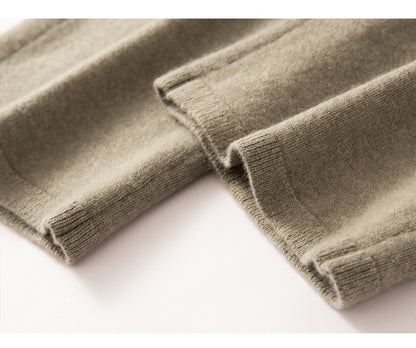 Autumn Winter New 100% Pure Cashmere Women Half Open Front Hoodie Set Knitted Two Piece Pullover Knitwear Wide Leg Pants