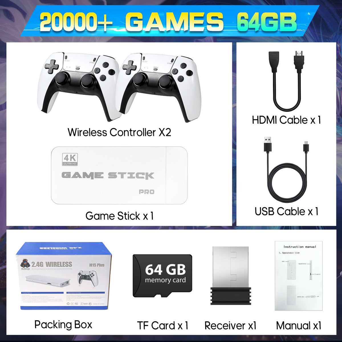 M15 4K TV Retro Handheld Game Console Stick 2.4G Dual Wireless Controller 20000+ Classical Games 23 Classic Emulaters