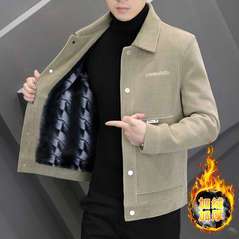 Men's Fleece-Lined Thickened Warm Casual Jacket New Turn-Down Collar Trendy Short Wool Coat Woolen Overcoat