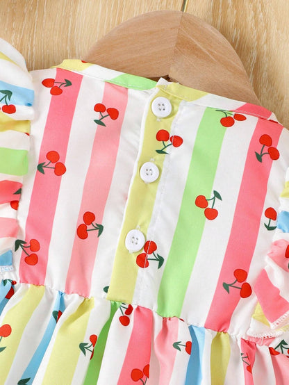 Summer baby girls casual breathable cute sweet cherry color striped print pink bow ribbon sleeveless dress
