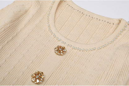 High Quality Spring And Autumn New Fashion Knitted Heavy Industry Pearl Slim Fit And Slimming Round Neck Long Sleeved Dress