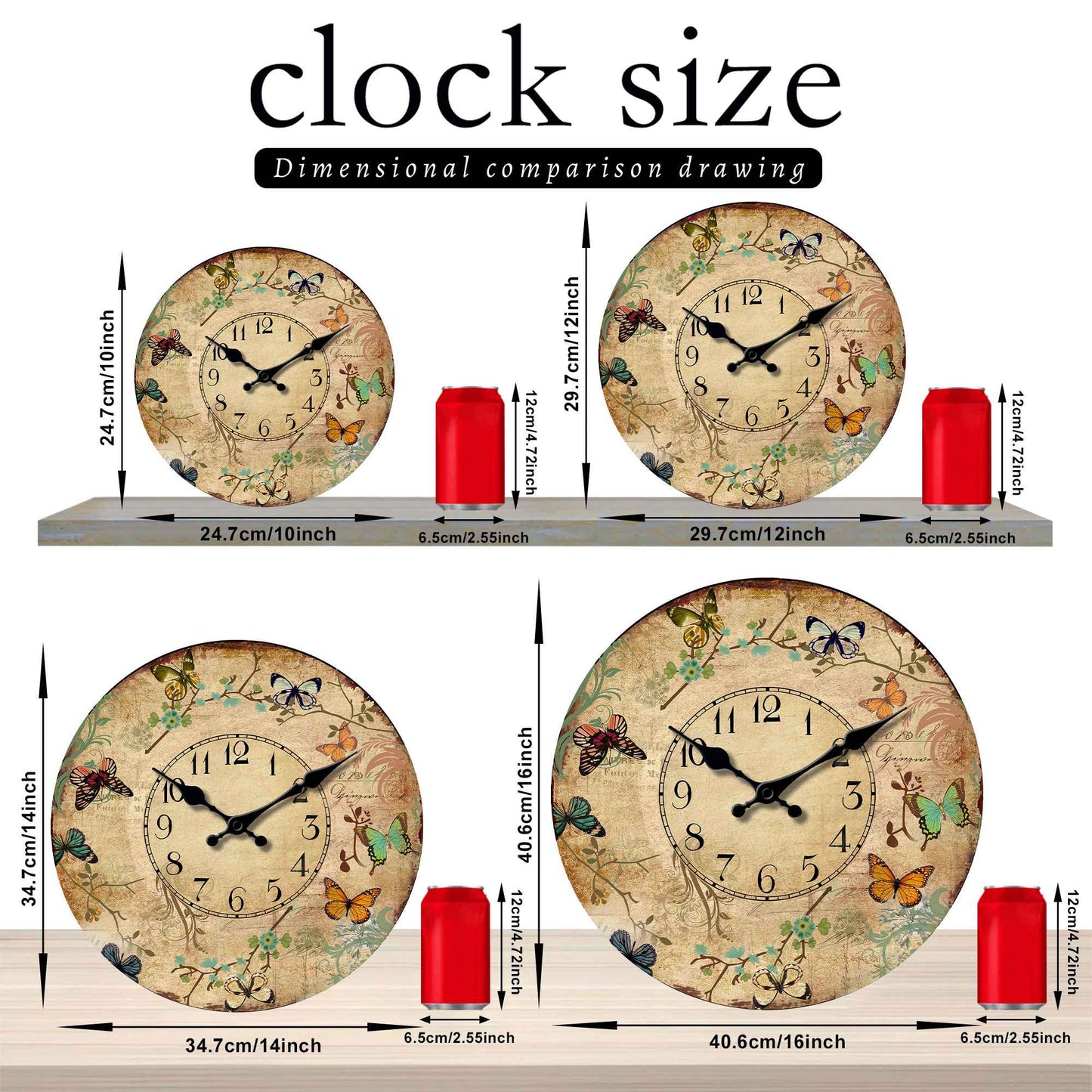 1pc 10-16inch wooden wall clock, retro flower and colorful butterfly design wall clock, silent clock, suitable for living room b