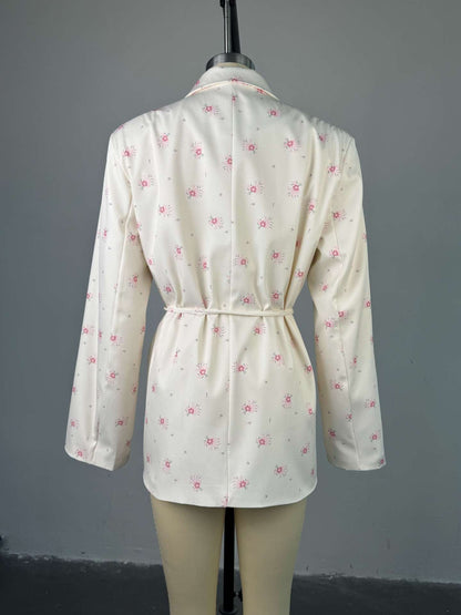 Women's 2025 Spring/Summer New Fashion Printed Loose Suit Collar Belted Waist - cinching Suit Jacket