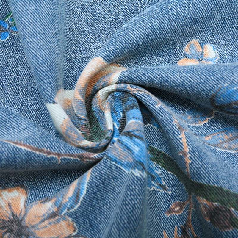 Vintage Floral Print Denim Jacket Men's Distressed Coat Streetwear Loose Fit Long Sleeve Jackets Korean Bomber Jeans Jacket