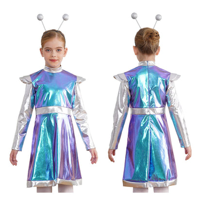 Kids Alien Cosplay Costume Outfits Boys Girls Metallic Shiny Alien Jumpsuit Halloween Full Length Bodysuit with Hair Hoop Suit