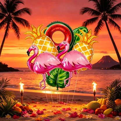 7pcs Hawaiian Pie Decoration Balloon Set, including oversized flamingo balloons, palm leaf pineapple watermelon balloons, Hawaii