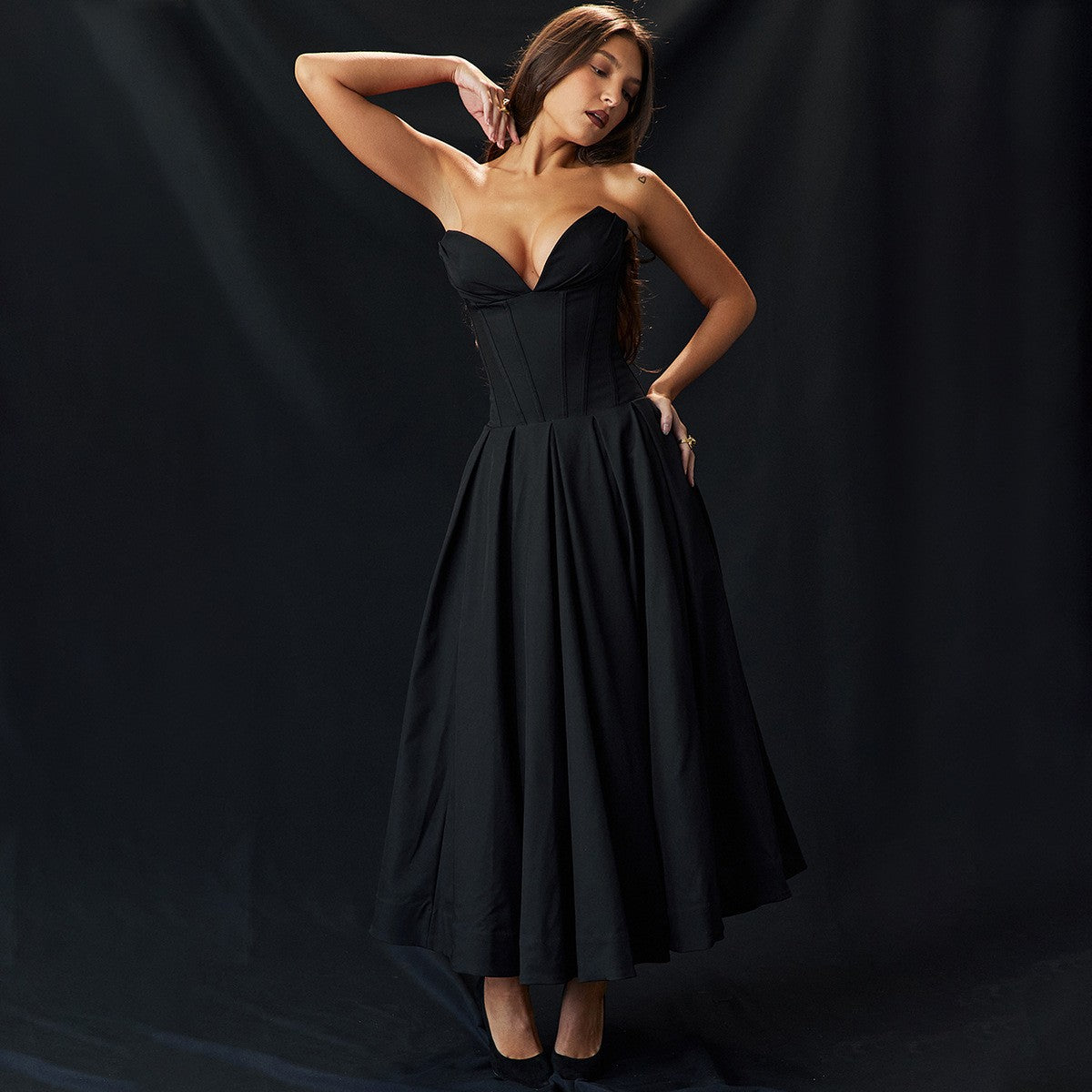 Suninheart Black Elegant Wedding Events Dress Sexy Strapless Corset Dress Midi C