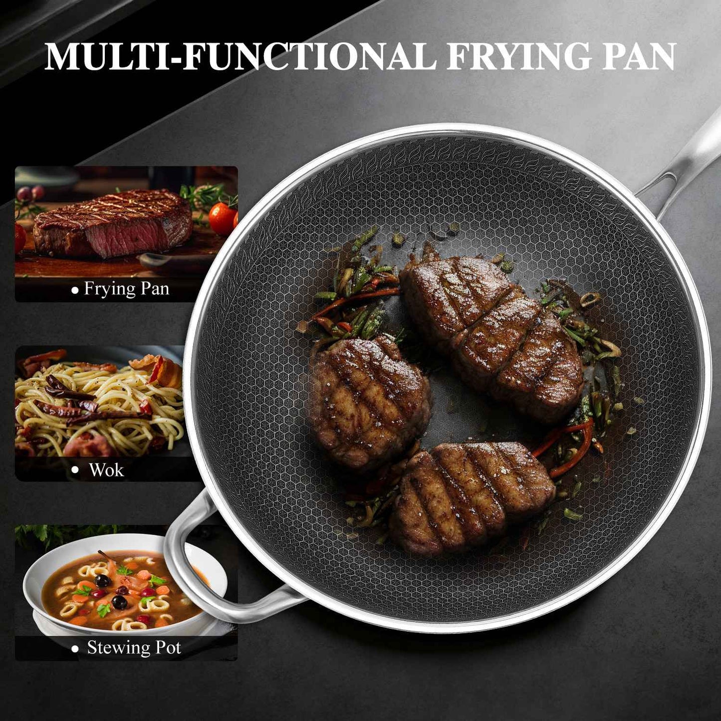Wok pan,Hybrid 13 inch Wok with Lid, PFOA Free Cookware,non stick Stainless Steel Woks & Stir-fry pans Nonstick