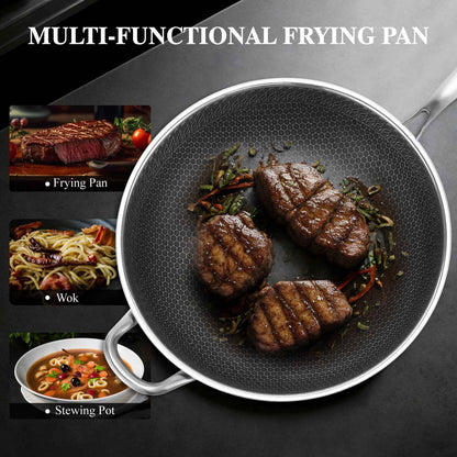 Wok pan,Hybrid 13 inch Wok with Lid, PFOA Free Cookware,non stick Stainless Steel Woks & Stir-fry pans Nonstick
