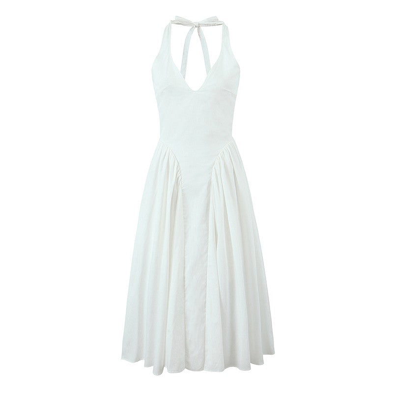 YENKYE Sexy Backless Green Elegant Halter Dress For Women Low Waist A-line Midi