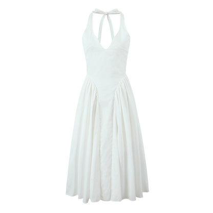 YENKYE Sexy Backless Green Elegant Halter Dress For Women Low Waist A-line Midi