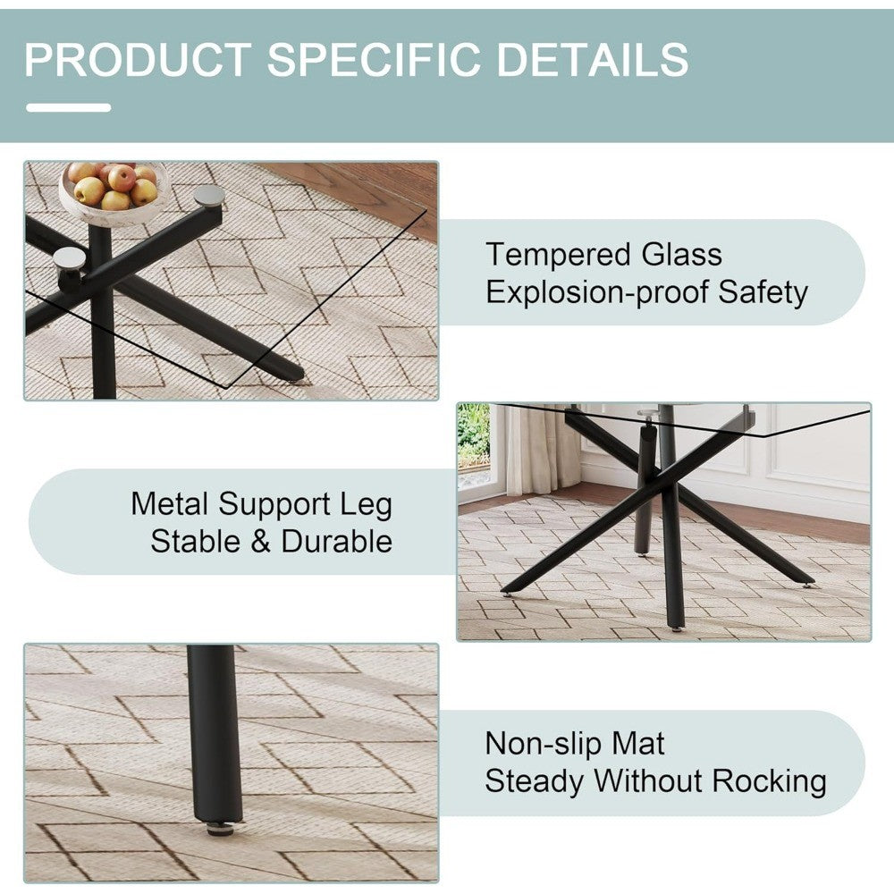 Rectangular Black Glass Dining Table, 63 Long, Seats 6-8, Tempered Glass Surface, Metal Frame, Suitable for Kitchen or Dining Ar
