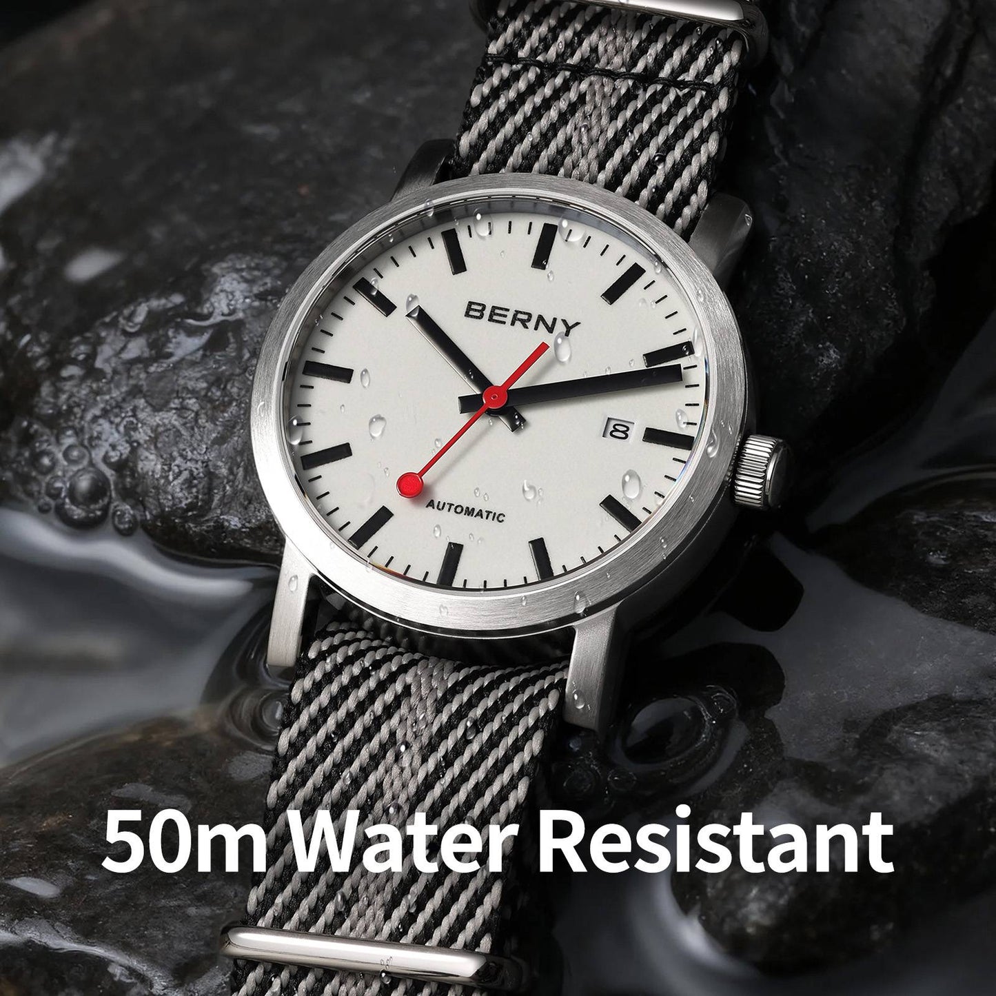 BERNY Automatic Watch Men 40mm Luminous Railway Time Dial MIYOTA 8215 Nylon Strap Sapphire 50M Waterproof Men's Mechanical Watch
