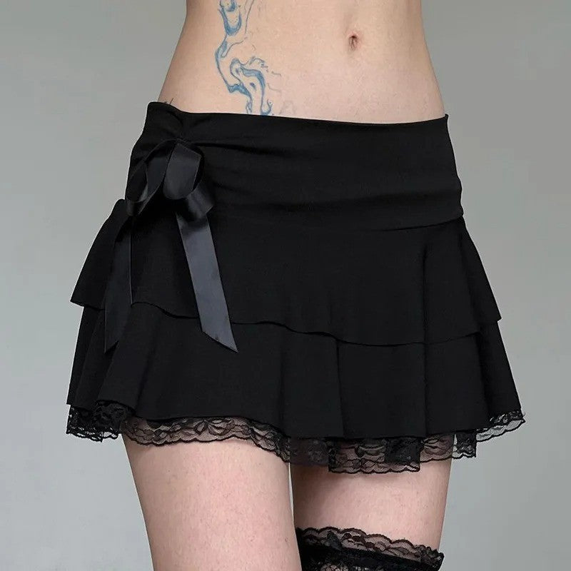 Dark pure desire spice girl style lace stitching bow skirt sexy low waist ballet A word cake mini skirt