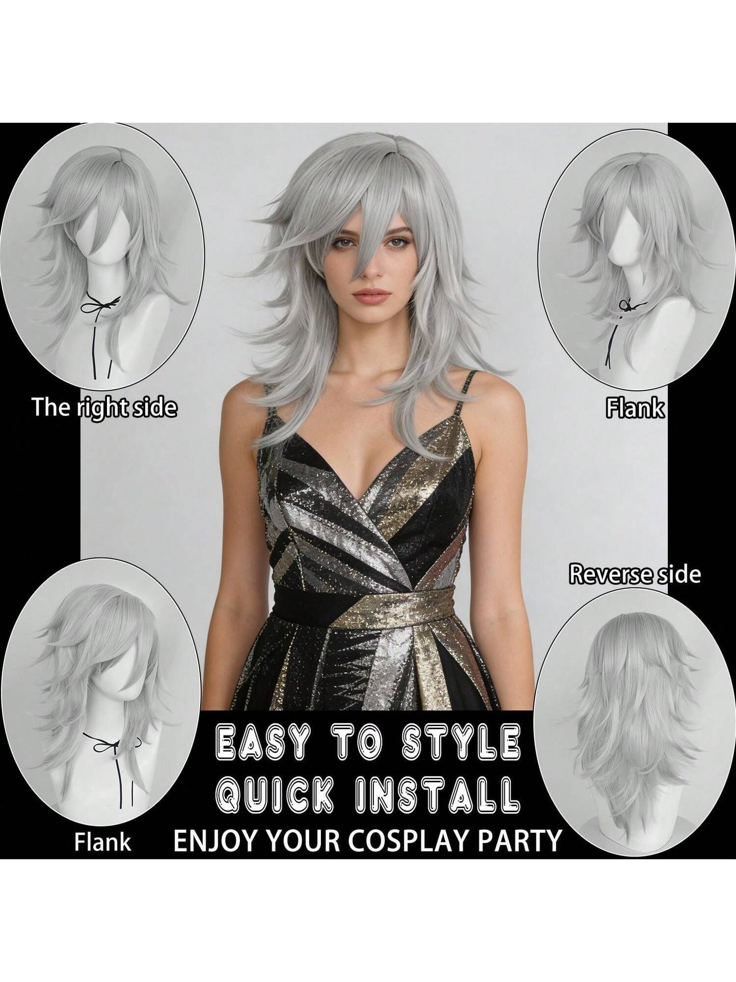 Synthetic Medium Length Fluffy Spiky Women Man Layered Straight Anime Cosplay Wig with Bangs for Halloween Party