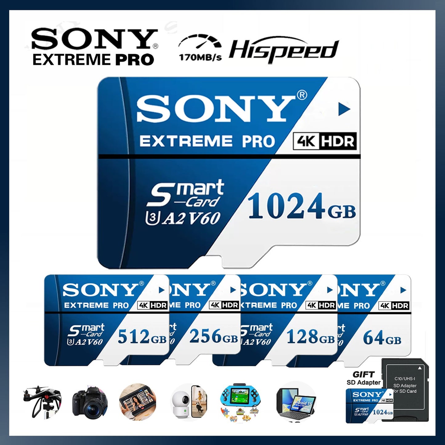 SONY Extreme Pro SD Memory Card 1TB High Speed Micro SD Card 128GB 256GB 512GB 64GB C10 TF Flash Card For Phone Drone Camera