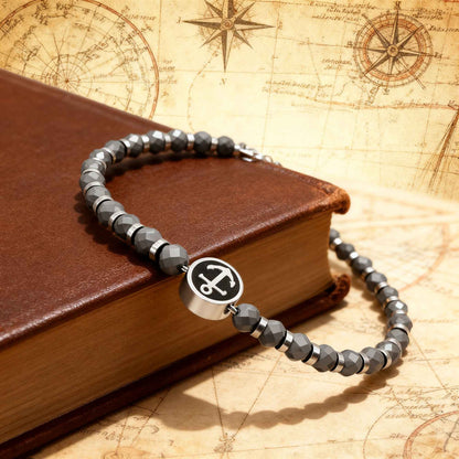 Pulseira Masculina Runda com Pingente Âncora em Hematita Preta Aço Inoxidável Ajustável 22cm Joia de Miçangas com Amuleto da Moda