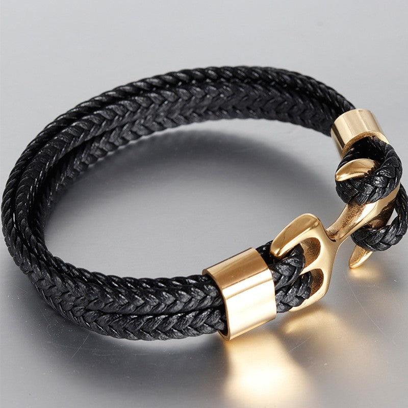 Pulseiras de Âncora Punk de Aço Inoxidável Pulseira de Couro Genuíno e Braceletes Masculinos Joias Pretas Presente de Moda