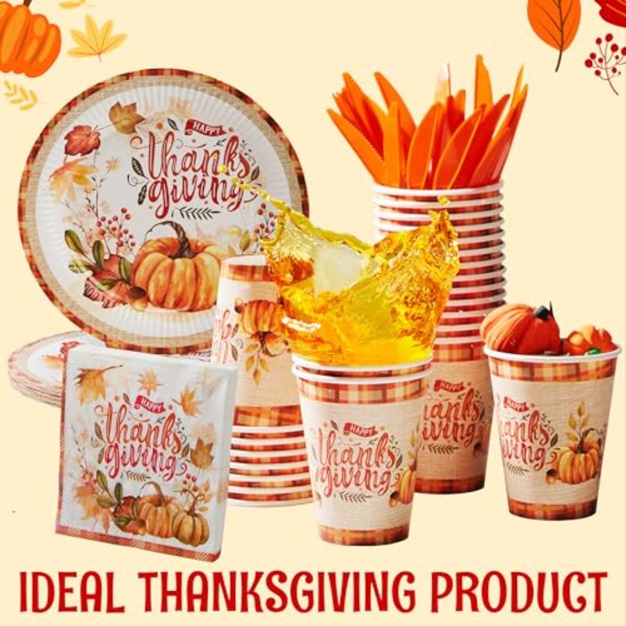 175 PCS Thanksgiving Disposable Paper Plates Paper Gold Disposable Dinnerware Set for Fall Harvest Thanksgiving Parties Ideal f