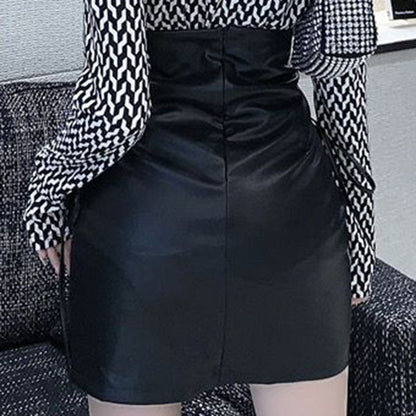 Black Leather Mini Skirts Women Gothic High Waist Slim Fit Lace Up Pencil Skirt Female Sexy Club Back Zipper Split Bag Hip Skirt