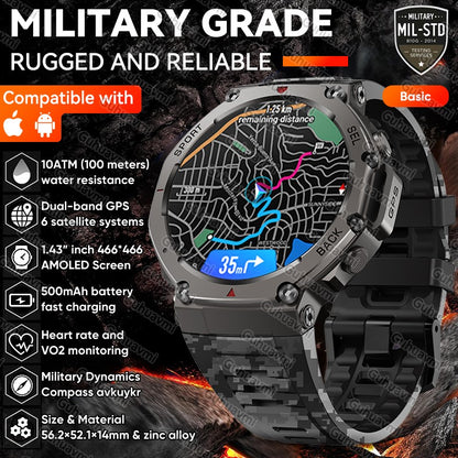 Novo Smartwatch Militar GPS de Banda Dupla T-Rex 3 Pro 48mm Resistente à Água 10ATM Bateria de 500mAh Bússola Altímetro AGPS