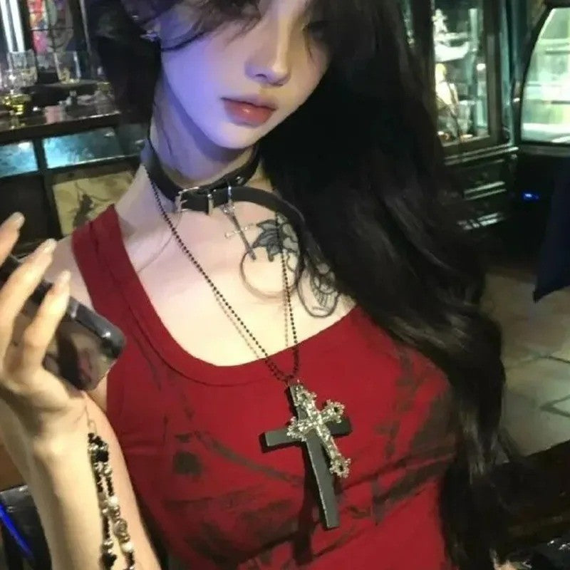 Personality Punk Trendy Cool Gothic Wood Cross Pendant NNecklace for Women Men Vintage Hip Hop Y2k Necklace Party Jewelry Gift