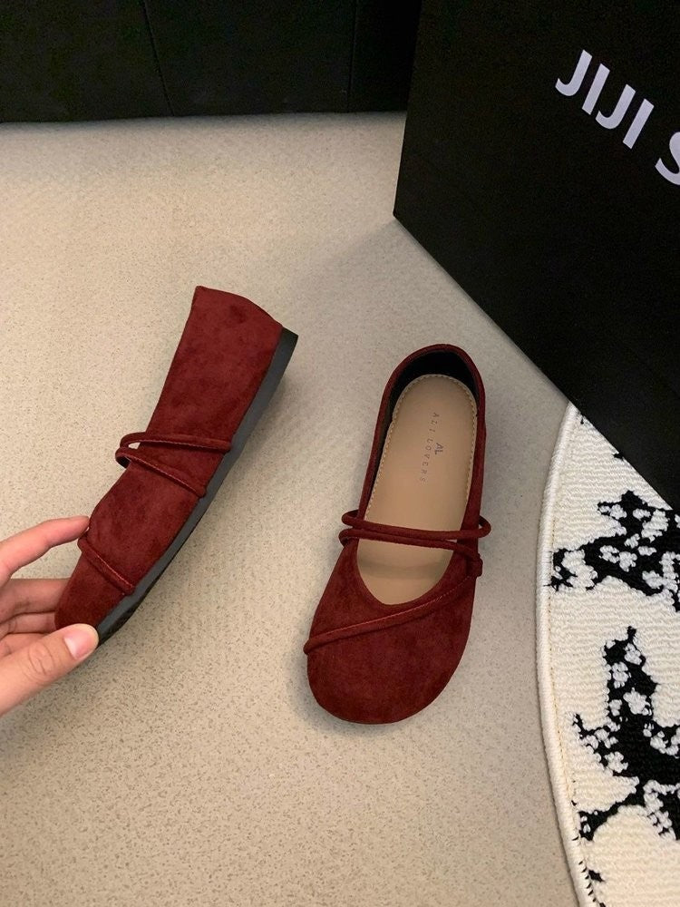 Women's Elegant Brown Mary Jane Flats French-Style Suede Loafers Spring/Autumn Collection Flat Shoes for Casual Wear