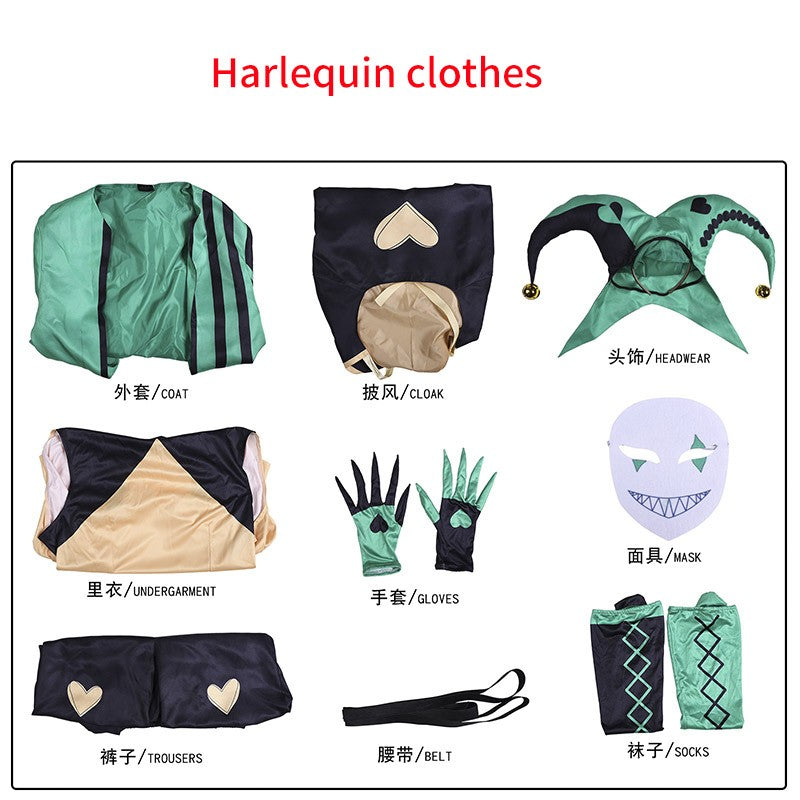 Game The Freak Circus Cosplay Costume Pierrot Jester Harlequin Cosplay Adult Clown Joker Mask Uniform Halloween Carnival Outfits