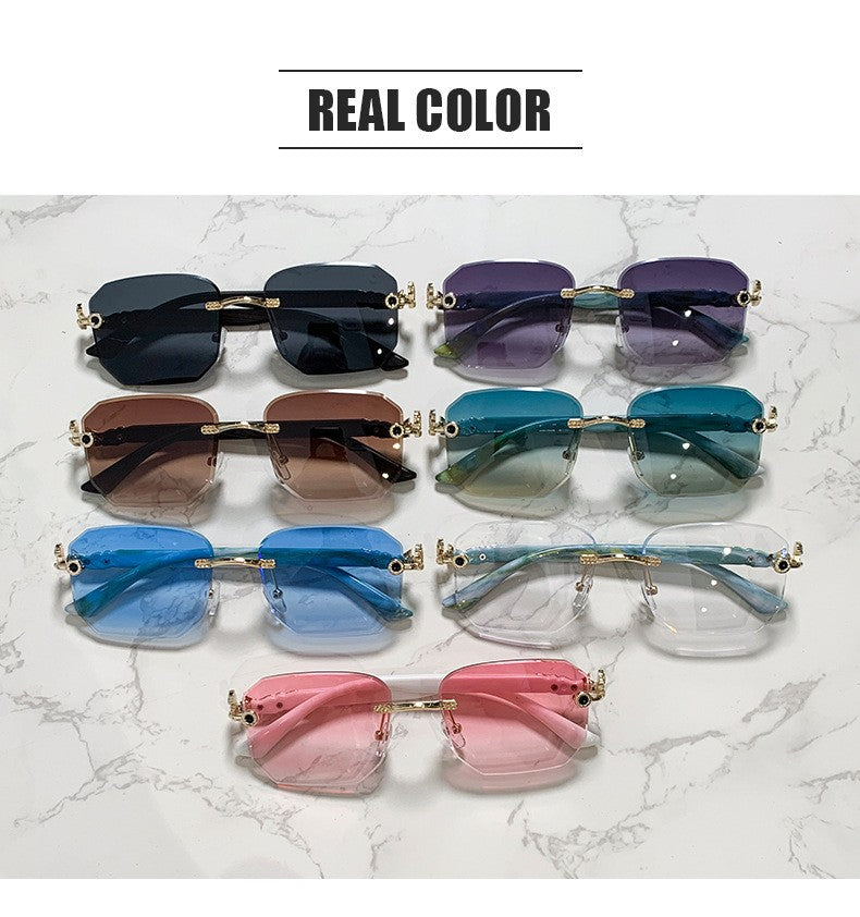 Square Sunglasses For Men Women Fashion Metal Leopard Head Rimless Eyewear Travel And Driving Shades Oculos De Sol UV400
