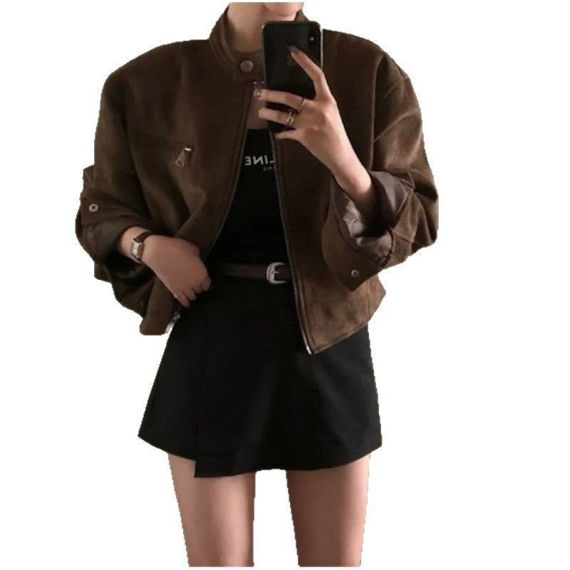 Retro American Coffee Brown Copper Zipper Button Short Jacket 2025 Autumn Trendy PU Leather Jacket Versatile for Dynamic Women
