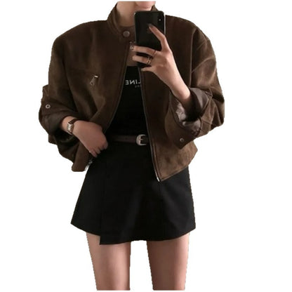 Retro American Coffee Brown Copper Zipper Button Short Jacket 2025 Autumn Trendy PU Leather Jacket Versatile for Dynamic Women