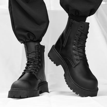 Botas casuais de casal, para quatro estações, masculinas e femininas, de cano alto, em couro, fashion, com sola grossa, antiderrapantes, plus size, para uso ao ar livre