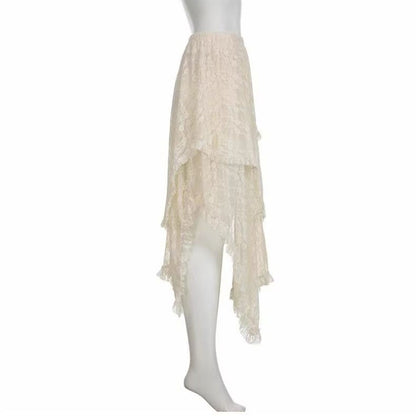 Lace Asymmetrical Skirt Women Vintage Y2K Boho Aesthetic Fashion High Waist Mid Skirts Summer Ladies Holiday Outfits