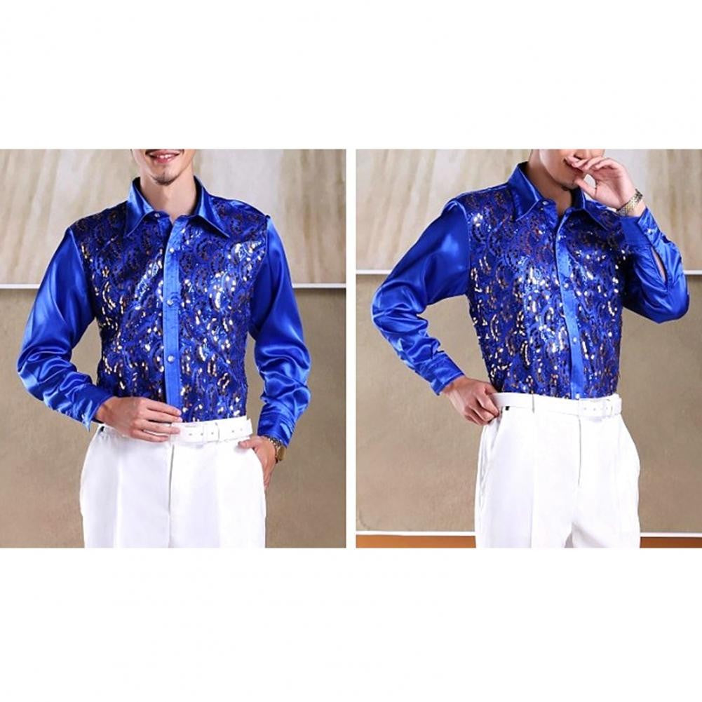 Men Sequins Shirt Adult Lapel Long Sleeved Dance Performance Shirt Costume Wedding Stage Shirt Slim Fit Casual Men Shirts Tops