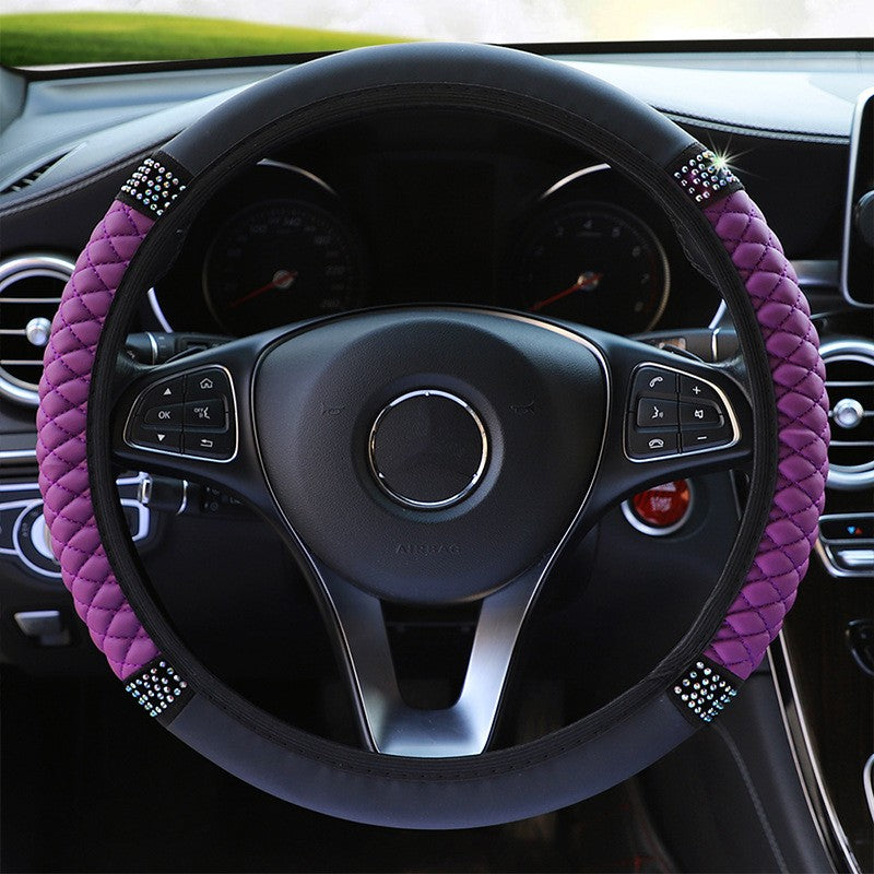 Four Seasons Universal Car Steering Wheel Cover 37-38cm Leather Embroidered Color Diamond-Studded Elastic Steering Wheel Cover